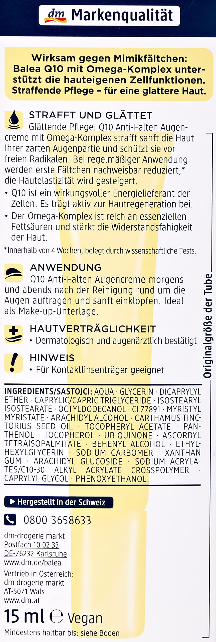 Anti-Wrinkle Eye Cream Q10 with Omega Complex - Perfume-free, PEG-free, Vegan, Not Tested on Animals - 15 ml